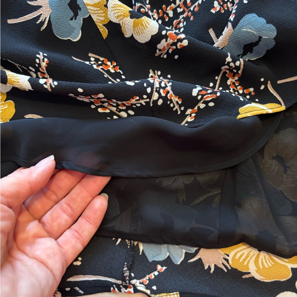 Ralph Lauren Summer Midi Dress Yellow & Blue Floral Print w Belt and Ruffle - Picture 4 of 12